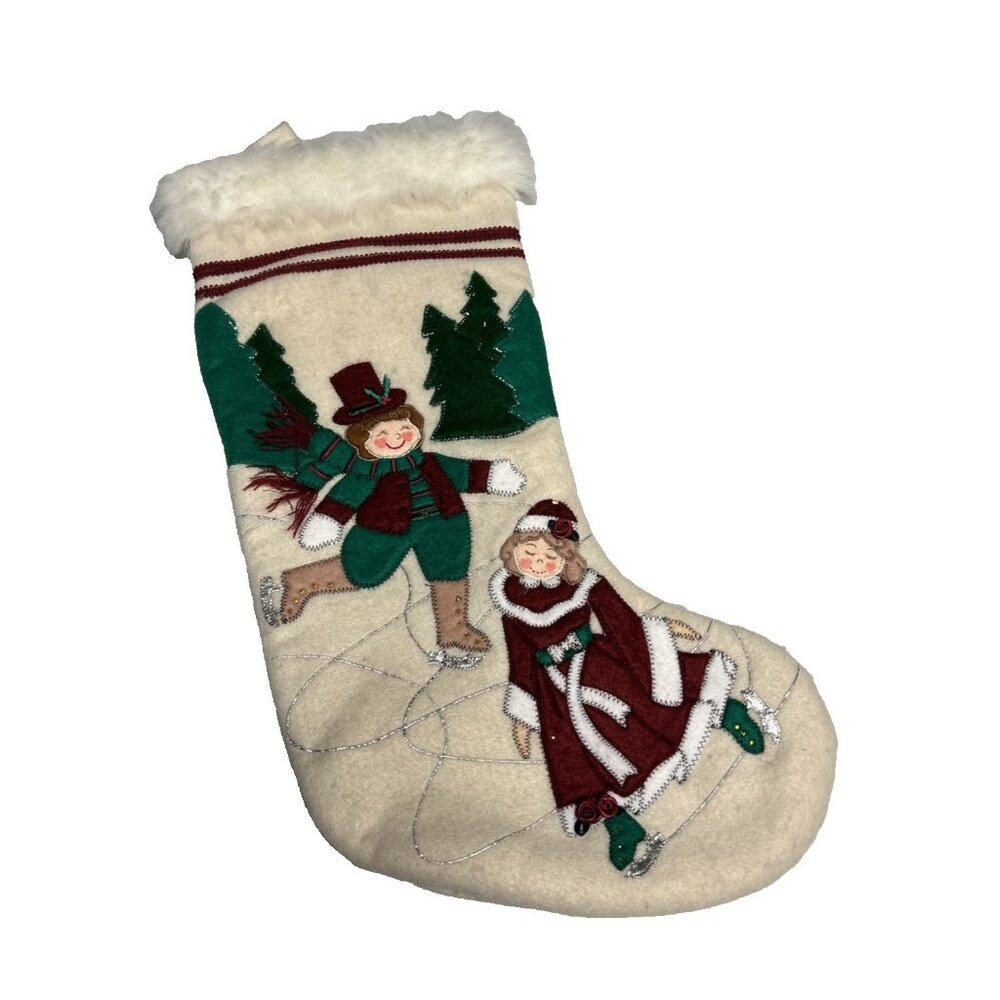 International Silver Co. Christmas Stocking White Faux Fur Ice Skaters Vtg. 1998